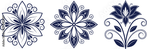 Three navy blue floral ornamental designs with swirling elements on white motif decorative