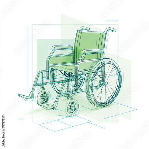 Wheelchair Illustration on Abstract Background Represents Accessibility and Healthcare Solutions with Green and Blue Tones Promoting Inclusivity and Universal Design