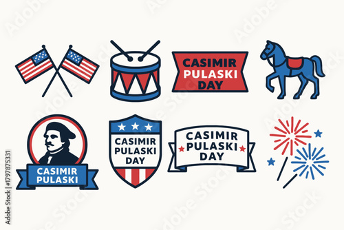 Collection of casimir pulaski day symbols including flags drum horse and fireworks
