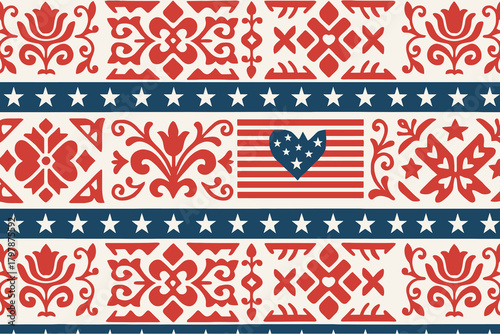 Seamless patriotic pattern with american flag heart and floral motifs in red white and blue
