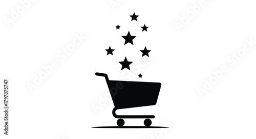Shopping cart overflowing with sparkling stars, symbolizing success and excellent choices.