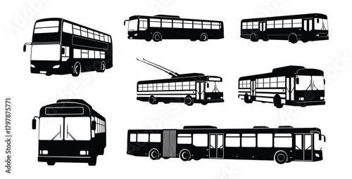 Collection of various bus types including double decker and trolley in black and white