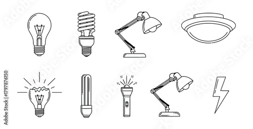 Line art illustration featuring various types of light bulbs and lighting fixtures