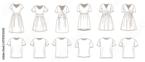 Fashion design sketches featuring dresses and tshirts for apparel and clothing lines