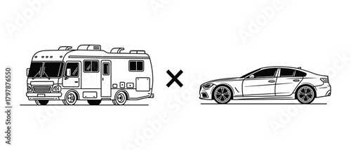 Comparing rv and car options for travel planning in a simple black and white design