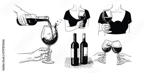 Elegant wine illustration showcasing pouring holding and toasting with red wine glasses