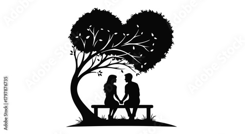 Silhouette of a couple holding hands on a bench under a heart-shaped tree, symbolizing love and connection.