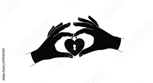 Silhouette of hands cradling a heart-shaped padlock, symbolizing love and security.