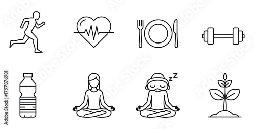 Icons representing a healthy lifestyle with running heart food exercise and meditation