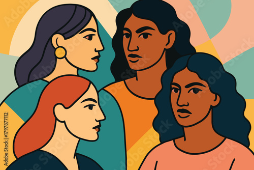 Diverse group of women with different skin tones and hair colors standing together in unity