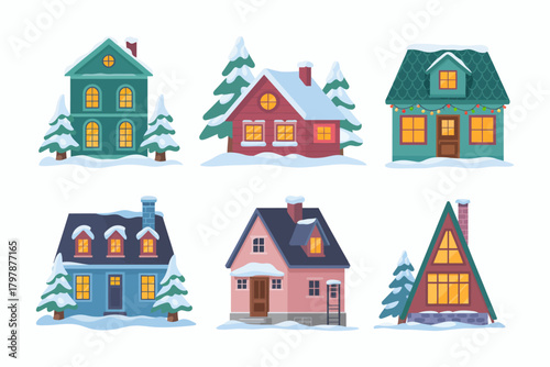 Peaceful country house winter scene vector set highlighting snowy roofs, chimney smoke, and frosty details suitable for holiday decorations, seasonal art projects, charming landscape graphics, and coz