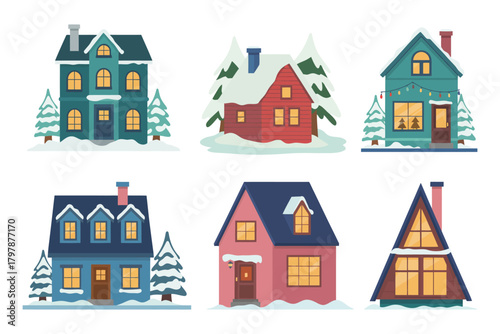 Peaceful country house winter scene vector set highlighting snowy roofs, chimney smoke, and frosty details suitable for holiday decorations, seasonal art projects, charming landscape graphics, and coz