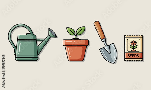 Gardening tools and plant illustration set.