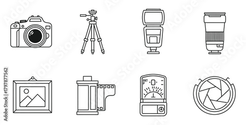 Line art illustration of photography equipment including camera and accessories set