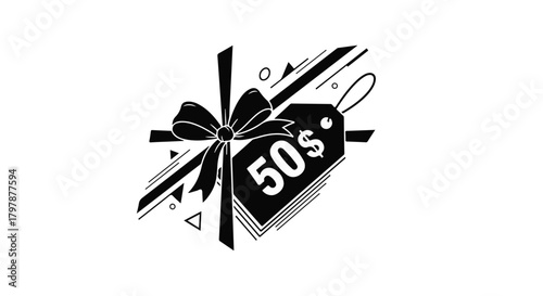 Gift tag with '50' price symbol tied with a bow, suggesting a special offer or discount.