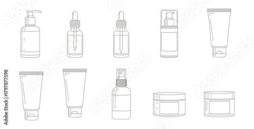 Minimalist outline of various cosmetic containers for skincare and beauty products