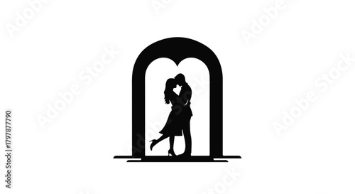 Romantic couple silhouetted in an archway, sharing a tender embrace.