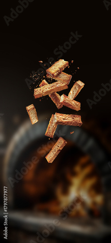 crunchy baked crackers set on background of a clay oven with fire. Sample image for package design