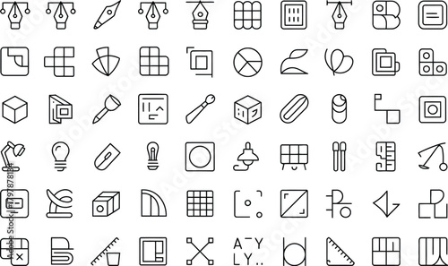Collection of abstract geometric line art symbols and icons representing various concepts and ideas in a minimalist hand drawn style isolated on transparent background