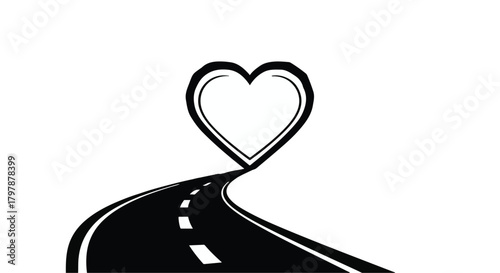 Journey of love, a winding road leading to a bright heart symbol