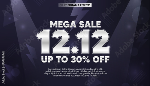 Silver 12.12 mega sale banner with modern dark background and bold discount typography
