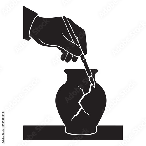 Hand Repairing Cracked Pottery with Brush Silhouette, Ceramic Restoration
