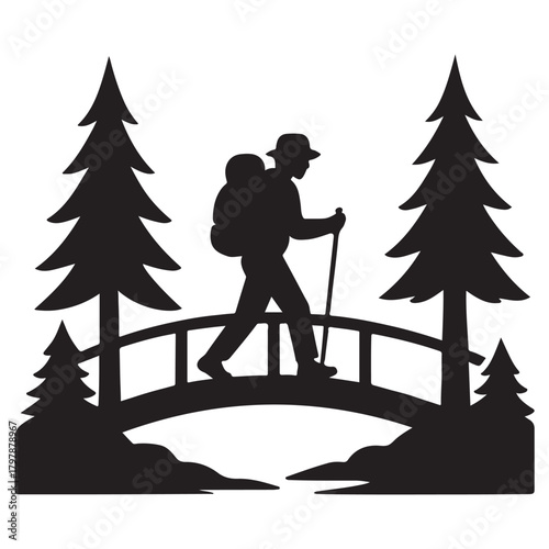 Hiker Crossing Bridge in Forest Silhouette, Outdoor Adventure