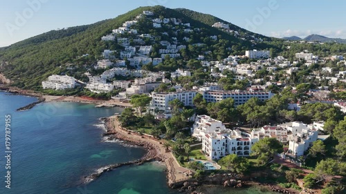 Aerial view of  Palm-Lined Promenade and Beachfront Hotels of Santa Eulària, Ibiza	
