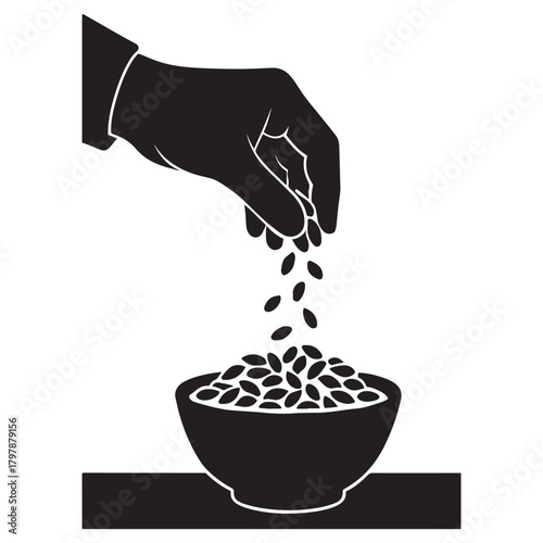Hand Pouring Seeds into Bowl Silhouette, Cooking and Food Vector
