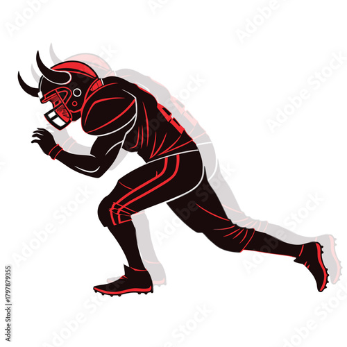 Black and red football player with horns in motion american football athlete 1