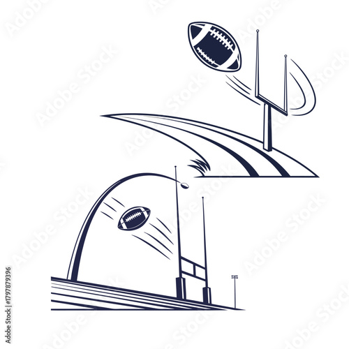 Dark blue American footballs in motion near goal posts and stadium lights sport game 1