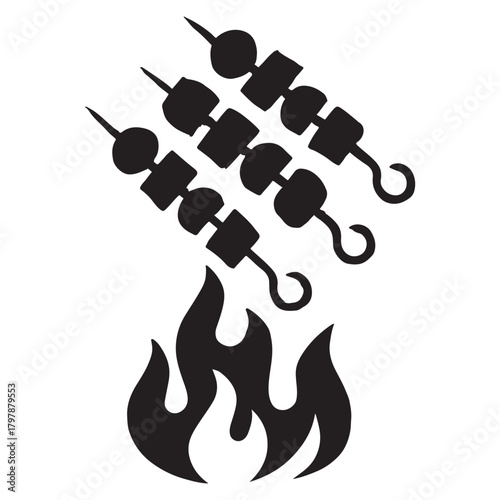 Grilled Skewers Over Flames Silhouette, Barbecue Food 