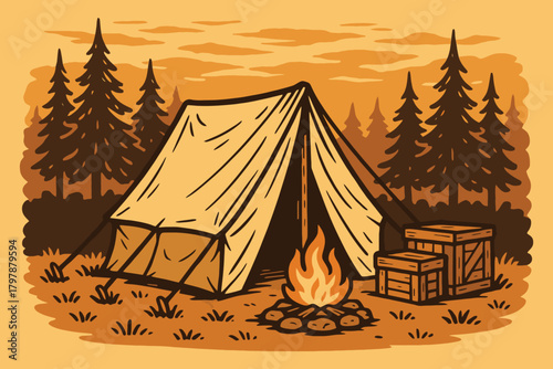 Cozy a frame tent and campfire in a pine forest at dusk