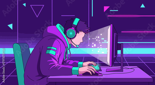 An illustration of a Focused Gamer Immersed in Virtual World with Neon Aesthetics creating a vivid