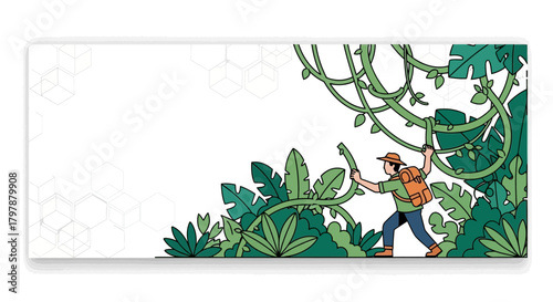 Explorer navigates dense jungle landscape with lush foliage and hanging vines concept