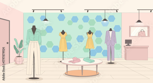 Fashion boutique interior showcasing stylish apparel and elegant design elements with pastel
