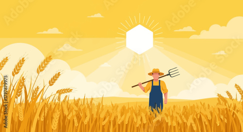 Farmer walking in golden wheat field at sunset carrying a pitchfork illustration