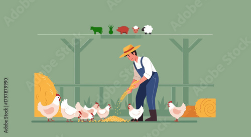Illustration of a farmer feeding chickens in a rural farm setting with livestock silhouettes above