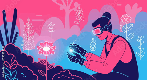 Illustration depicting a woman in VR interacting with digital plants in a garden environment