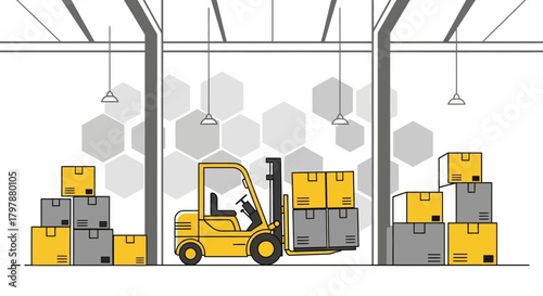 Illustration of a Warehouse with a Forklift Carrying Boxes for Distribution and Delivery