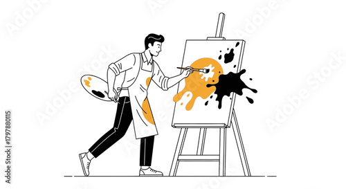 Illustrative representation of an artist painting a canvas with vibrant colors on an easel