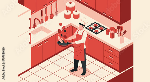 Isometric illustration showcasing a chef in a red kitchen skillfully flipping food in a pan