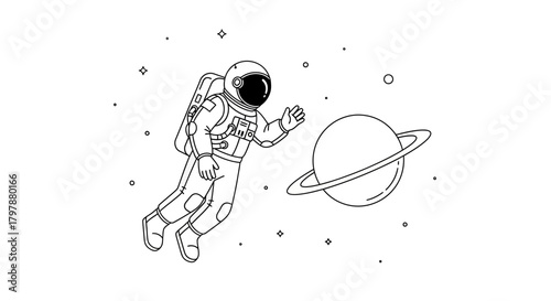 Line art illustration showcasing an astronaut floating in space near a ringed planet