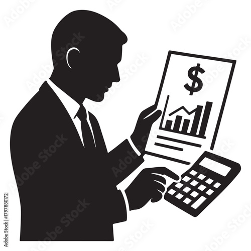 Business Financial Analysis Silhouette, Data Review Vector Illustration