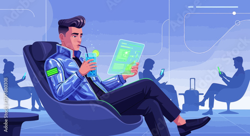 Modern man relaxing with drink in futuristic lounge using advanced technology pad