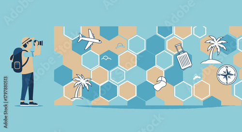 Vector Illustration of a Tourist Taking Pictures with Travel Icon Background Concept