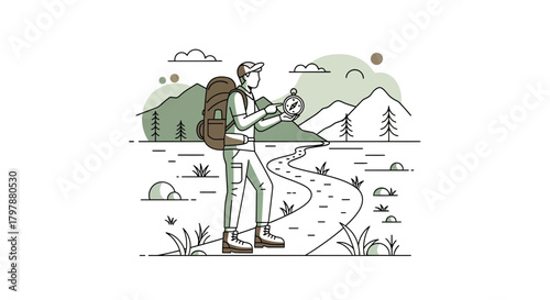 Wanderlust journey: An adventurous traveler navigates the wilderness with a compass in hand