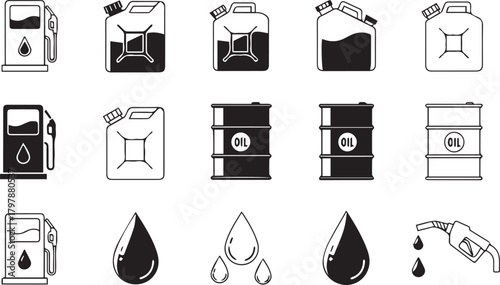 Collection of icons representing fuel, oil, and gas station symbols