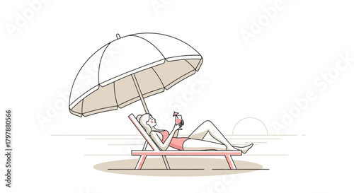 Woman relaxing on beach chair under umbrella with drink in hand enjoying vacation