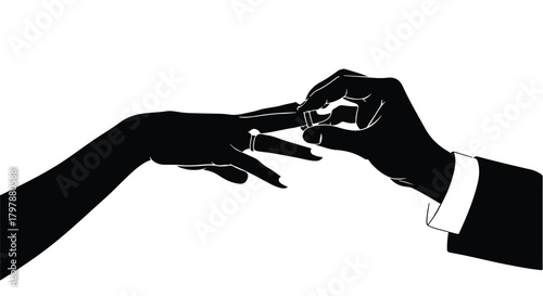 Romantic gesture of placing a wedding ring on a finger, symbolizing commitment and love.